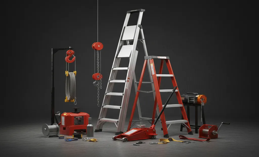 Echelle, escabeau, Cric, Treuil et palan